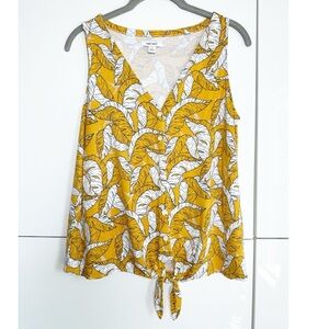 Nine West Palm Leaf Sleeveless Top Size Small Mustard Yellow Tie Front Buttons